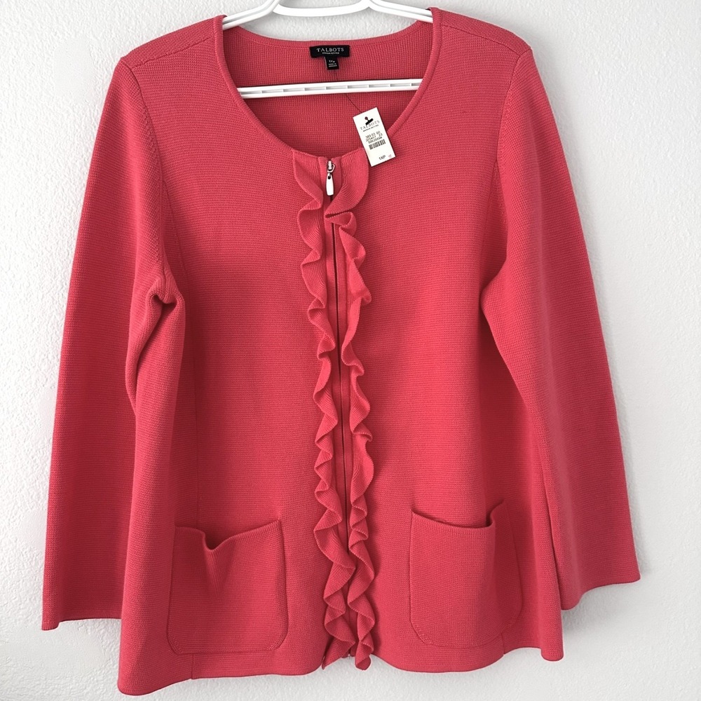 Talbots Size-1X/Petite Cotton Cardigan Sweater Coral Pink Full Zip